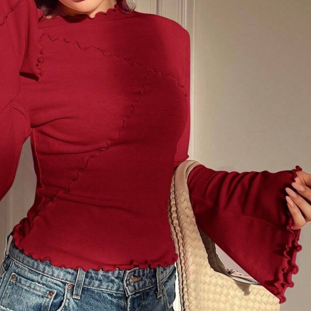 Red Ruffled Women's Flare Sleeve Top - Picture 4 of 7